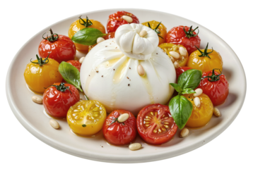 Plate of fresh mozzarella with cherry tomatoes and basil, isolated on a transparent background