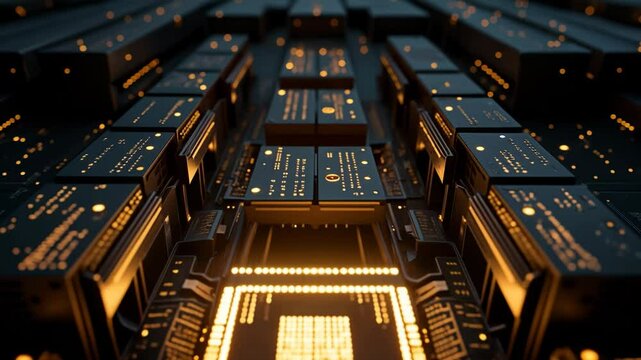Low-angle dolly shot into quantum computer revealing glowing core unit