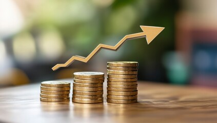 Ascending Gold Coins with Upward Arrow Financial Growth Concept