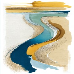 Abstract River Landscape Painting in Muted Blues and Earth Tones