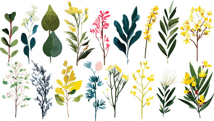 A modern graphic set featuring a botanical bouquet collection including dragonflies bees butterflies flowers and wildflowers. 