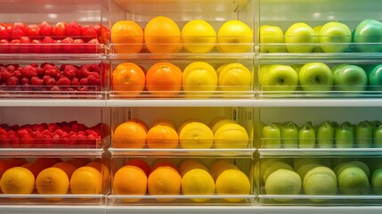 Refrigerator with fruits sorted by color gradient on transparent shelves