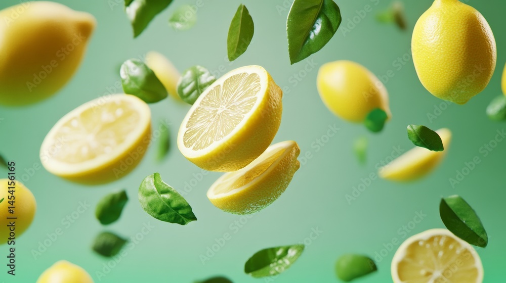 Poster sliced and whole lemons, surrounded by vibrant green leaves, are floating against a lively green bac