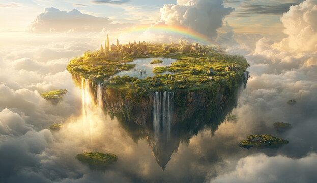 Floating city amidst clouds, lush vegetation, waterfalls, and a rainbow