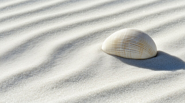 Clean sandy beach features a small seashell nestled among gentle ripples in the sand