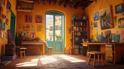 Interior of a bright, colorful, sunny art .
