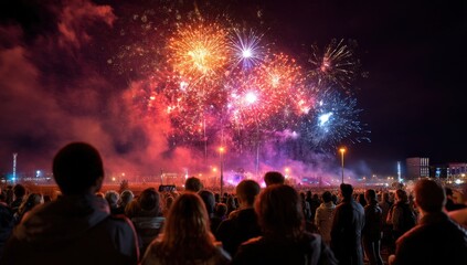 Crowd watching vibrant fireworks display at night.