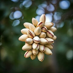  Pistachios in pale shells clustered on tree.