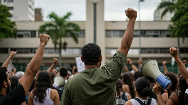 Activists gather in urban square raising fists and chanting for social justice and equality