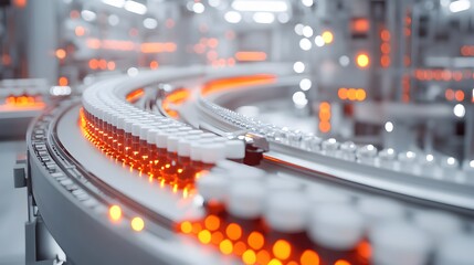 Automated pharmaceutical production line showcases rows of vials moving along a modern conveyor belt system in a clean sterile factory environment.