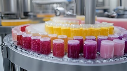 Colorful jars of gourmet jelly move along a modern automated food production line in a clean factory.