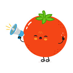 A smiling cartoon Tomato with a megaphone making an announcement with expressive eyes on white.
