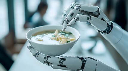 A robotic hand delicately holds a bowl of creamy tortellini soup, showcasing advanced AI and automation in culinary technology.