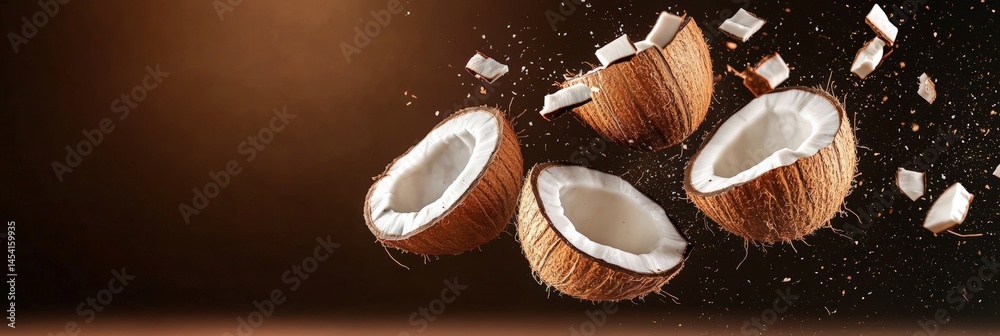 Poster Cracked coconuts rotating in the air with small pieces of shell exploding everywhere on a dark brown background with a warm light coming from above