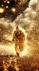 Fototapeta premium Golden figure walking through night landscape