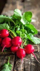 Fresh red radishes with green leaves on rustic wooden table