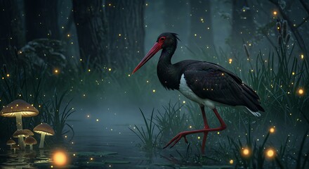 Enigmatic black stork wading through mystical marshland at twilight © Rizky