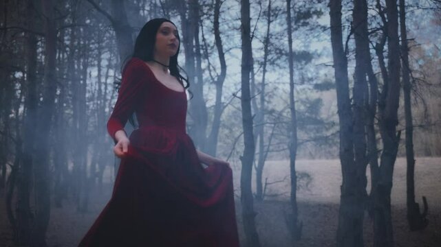 Fairy tale Gothic scared girl running away in dark foggy nature forest trees, velvet red long medieval old style dress black hair fly in wind slow motion. Fantasy Woman lost princess victim escaping