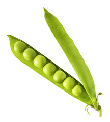 Fresh raw ripe Pods of Green Peas falling in the air isolated on white background. Food levitation...