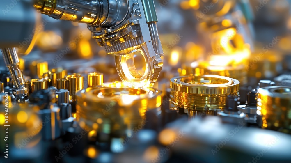 Poster robotic systems aligning polished parts under crisp factory lights, showcasing precision engineering