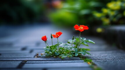 Vibrant Red Flowers Blooming Through Pavement Crack