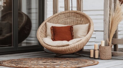 Fototapeta premium Rustic wicker hanging chair on a porch deck.
