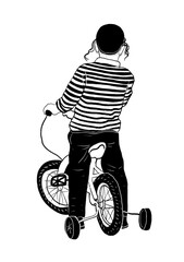 Monochrome hand-drawn illustration of a young Orthodox Jewish boy riding a small bicycle with training wheels, seen from behind. The child wears a striped shirt and a kippah with traditional sidelocks