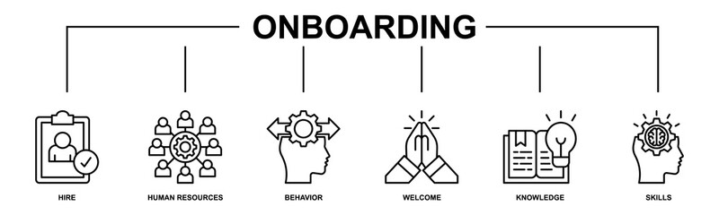 Onboarding banner web icon vector illustration concept for human resources business industry to introduce newly hired employee into an organization with behavior, welcome, knowledge, and skills icon