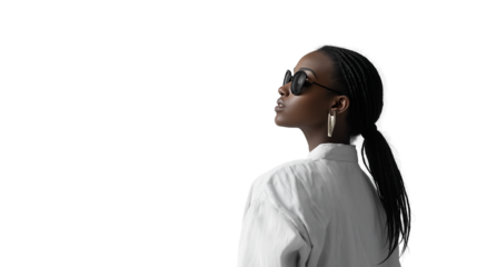 Fashionable woman in oversized shirt, back pose, waist-up, white background, studio lighting