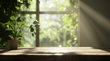 Sunlight bathing a rustic wooden tabletop by a window, surrounded by softly blurred greenery