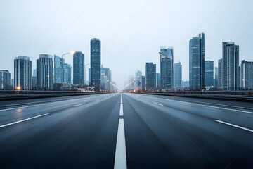 Empty highway stretching towards a misty city skyline urban exploration serene journey