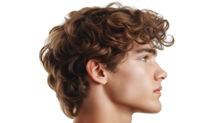 Young man with curly hair facing away, looking slightly left, high-resolution, white background, PNG