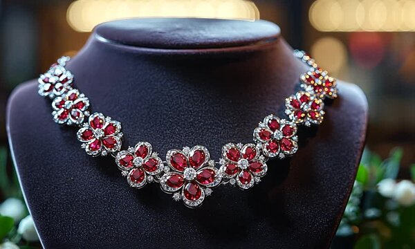 Elegant ruby and diamond necklace displayed on a dark velvet stand, with blurred lights in background