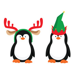 Cute baby penguin. Penguin cartoon character in reindeer, antler headband and christmas elf hat. Funny christmas character