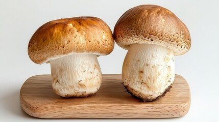Two fresh brown mushrooms resting on a small wooden board against a plain background.