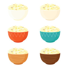 Collection of ceramic bowls with various designs with oatmeal, cornmeal porridge with banana