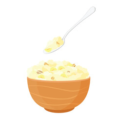 Oatmeal porridge with banana in ceramic bowl and spoon with cornmeal  porridge