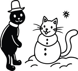 A cute cartoon vector illustration shows a happy black and white feline cat and dog, domestic pets, in a funny drawing