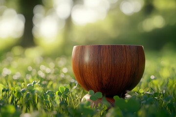 Wooden bowl in a grassy field, bathed in sunlight.