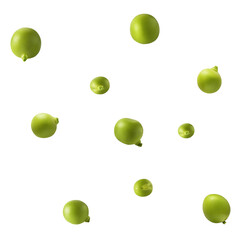 Fresh raw Green Peas falling in the air isolated on white background. Food levitation or zero gravity conception