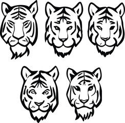 Fototapeta premium Tiger head vector set showcases wild feline illustrations and designs, perfect for a bold animal logo or tattoo