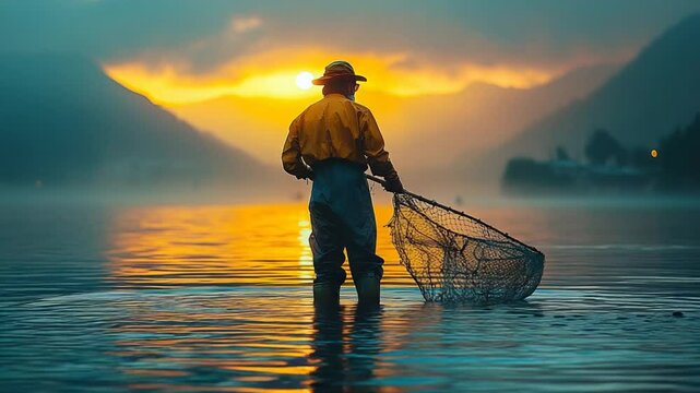 Fisherman in Yellow Rain Gear Casting Net at Sunset Over Calm Lake Surrounded by Mountains