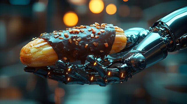 A robotic hand gently holds a delicious chocolate eclair pastry with crunchy nuts topping in a futuristic setting.
