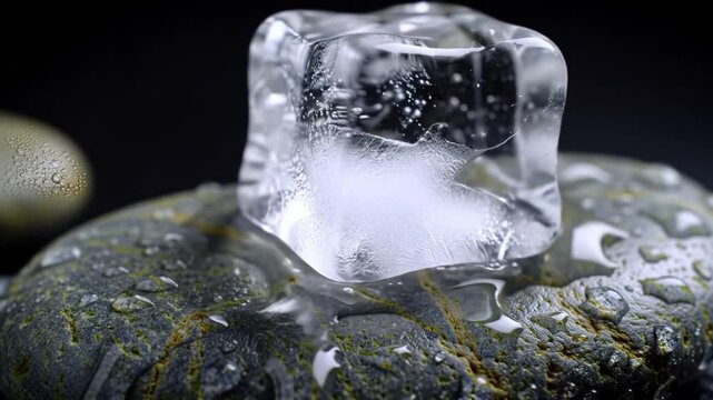 Ice cube resting on a wet stone with water droplets reflecting light in natural ambiance
