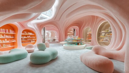 Whimsical, pastel-toned retail space with soft, organic forms