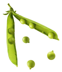 Fresh raw ripe Pods of Green Peas falling in the air isolated on white background. Food levitation...