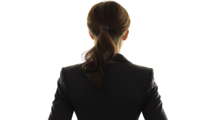 Businesswoman in a blazer, from behind, standing still, clean white studio background, hyper-detailed 