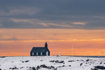 Sunrise at Búðakirkja church in Snaefellsnes peninsula (Iceland)