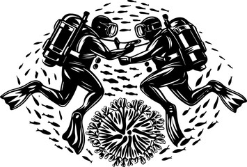 SVG vector illustrating sustainable fishing with fishermen. Two Divers Engaging Underwater Surrounded by Fish and Coral