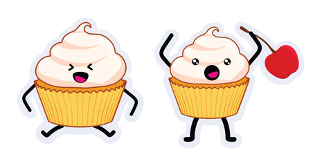 Collection of cute cupcake dessert characters with smiling faces in various poses